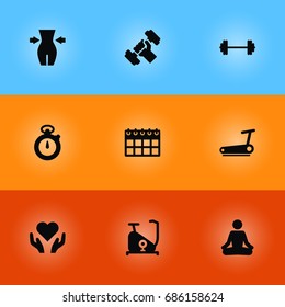 Set Of 9 Bodybuilding Icons Set.Collection Of Heart In Hand, Slimming, Date Elements.