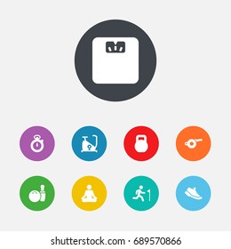 Set Of 9 Bodybuilding Icons Set.Collection Of Training Bicycle, Kegling, Timer And Other Elements.