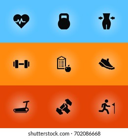Set Of 9 Bodybuilding Icons Set.Collection Of Barbell, Regime, Running And Other Elements.