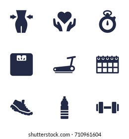 Set Of 9 Bodybuilding Icons Set.Collection Of Treadmill, Heart In Hand, Slimming Elements.