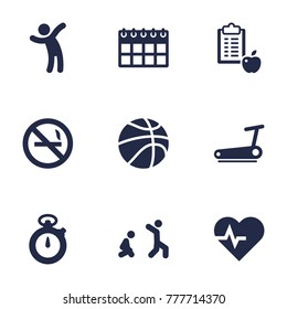 Set Of 9 Bodybuilding Icons Set.Collection Of Date, Cigarette Forbidden, Stretching And Other Elements.