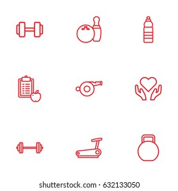 Set Of 9 Bodybuilding Outline Icons Set.Collection Of Whistle, Kettlebells, Health Care And Other Elements.