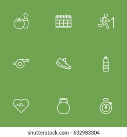 Set Of 9 Bodybuilding Outline Icons Set.Collection Of Trekking Shoes, Whistle, Water Bottle And Other Elements.