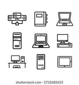 Set mit 9 fett gedruckten Gliederungssymbolen für die Technologie, einschließlich Laptop, Desktop, Server, Tablet und Notebook. Minimalistischer flacher Vektorstil, skalierbar, druckbereit und digital bereit, perfekt für UI-, Web- und App-Design.