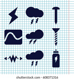 Set of 9 bolt filled icons such as thunder, nail, screw, thunderstorm, energetic drink, flash