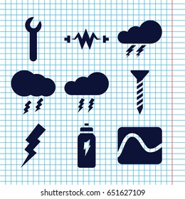 Set of 9 bolt filled icons such as thunder, flash, screw, thunderstorm, energetic drink, wrench