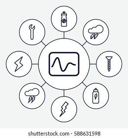 Set of 9 bolt outline icons such as thunder, flash, screw, energy drink, thunderstorm, wrench, energetic drink