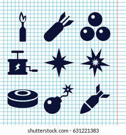 Set of 9 bomb filled icons such as bomb, dynamite, explosion, canon ball