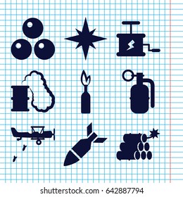 Set of 9 bomb filled icons such as rocket bomb, dynamite, explosion, smoking can, canon ball
