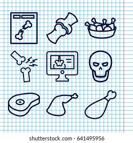 Set of 9 bone outline icons such as chicken leg, meat leg, beef, bone, x ray, x-ray on display, broken leg or arm