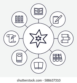 Set of 9 book outline icons such as explosion, feather and paper, notebook, binder, photo album