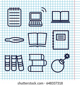 Set of 9 book outline icons such as tweezers, explosion, laptop, notebook, binder, book