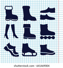 Set of 9 boot filled icons such as boot, man shoe, woman boots, ice skate