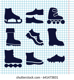 Set of 9 boot filled icons such as man shoe, boot, skate rollers, soccer trainers, ice skate