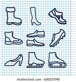 Set of 9 boot outline icons such as boot, woman boot, man shoe, woman shoe, soccer trainers