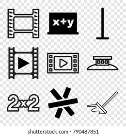 Set of 9 border filled and outline icons such as mop, blackboard x+y, wire fence, movie tape