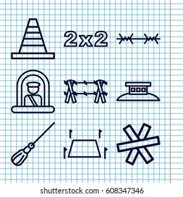 Set of 9 border outline icons such as airport officer, mop, cone, land territory, wire fence