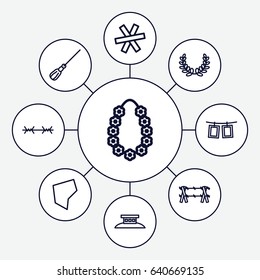  set of 9 border outline icons such as mop, garland, photos on rope, land territory, wire fence