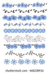 Set of 9 borders with blue flowers and brown leaves in doodle style. Elements for design.