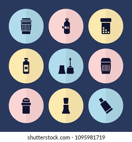Set of 9 bottle filled icons such as oil, nail polish, cream tube, drink, bottle pills, pepper
