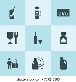 Set of 9 bottle filled icons such as medicine bottle, wine, car oil, dishes wash, kitchen wash, uv cream, soda, food safe
