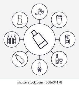Set of 9 bottle outline icons such as nail polish, cream tube, cleanser, liquid soap, drink, champagne bottle with heart