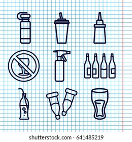 Set of 9 bottle outline icons such as bottle, drink, ketchup, no alcohol