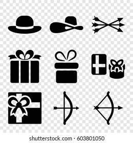 Set of 9 bow filled icons such as present, gift, woman hat, arrow bow