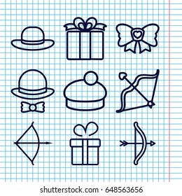Set of 9 bow outline icons such as present, woman hat, bow