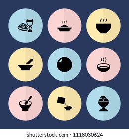 Set of 9 bowl filled icons such as bowl, ice cream ball, pasta and wine glass, soup, cereal, bowling ball