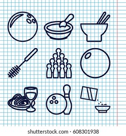 Set of 9 bowl outline icons such as porridge, toilet brush, asian food, pasta and wine glass, cereal, bowling