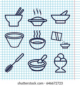 Set of 9 bowl outline icons such as porridge, bowl, toilet brush, asian food, ice cream ball, soup