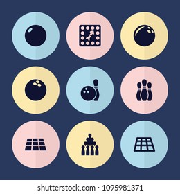 Set of 9 bowling filled icons such as bowling, bowling ball, dance floor