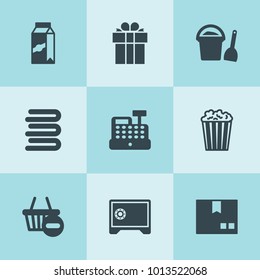 Set of 9 box filled icons such as package, towels, popcorn, present, safe, cashbox, shopping basket, milk