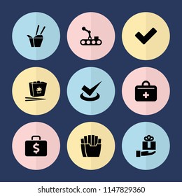 Set of 9 box filled icons such as chinese fast food, tick, first aid kit, conveyor and robot arm, gift on hand, french fries