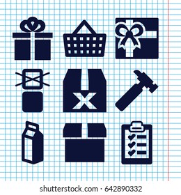 Set of 9 box filled icons such as gift, hummer, milk, cargo only in box allowed, clipboard