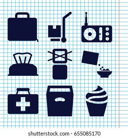 Set of 9 box filled icons such as baby napkin, cream, first aid kit, cereal, cargo only in box allowed, cargo on cart, radio, box