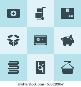 Set of 9 box filled icons such as robot transmission, package, washing powder, towels, safe, cargo, piggy bank, box