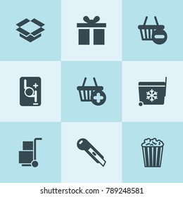 Set of 9 box filled icons such as robot transmission, cargo, stationery knife, popcorn, gift, shopping basket, packaging