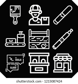 Set of 9 box outline icons such as toolbox, postman, ticket office, brush, cigarette, conveyor, shopping store