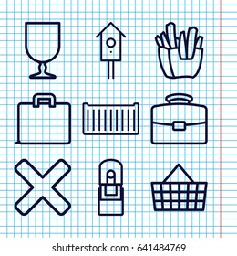 Set of 9 box outline icons such as french fries, nesting house, cargo box, fragile cargo, office supply, cross, case