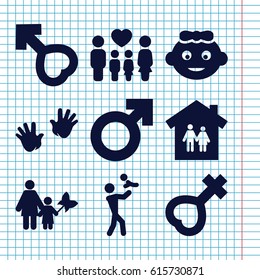 Set of 9 boy filled icons such as baby girl, baby hands, family, female, male, mother and son, man symbol, family house