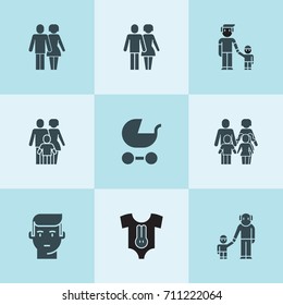 Set of 9 boy filled icons such as pram, man, grandfather and grandson, father and son, baby clothing, couple