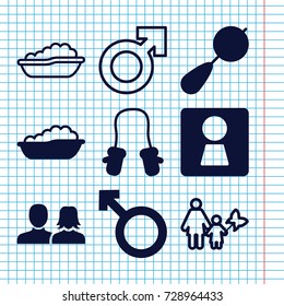 Set of 9 boy filled and outline icons such as woman wc, beanbag, baby bath, baby mitten, man and woman, woman, mother and son