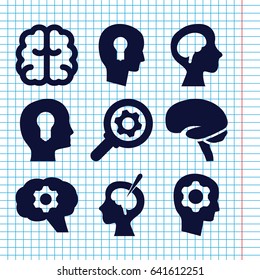 Set of 9 brain filled icons such as brain, keyhole in head, gear in head, head with keyhole