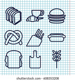 Set of 9 bread outline icons such as burger, bread slices, sandwich, coffee and croissant, hot dog, chopping board, knife, wheat