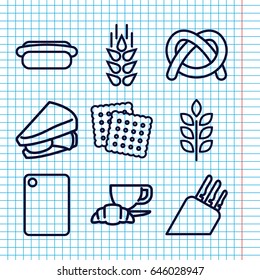 Set of 9 bread outline icons such as wheat, cookies, sandwich, coffee and croissant, hot dog, chopping board and knife, knife