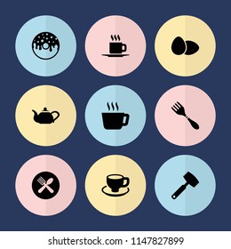 Set of 9 breakfast filled icons such as tea, donut, coffee cup, spoon and fork, cup, knife, egg, teapot