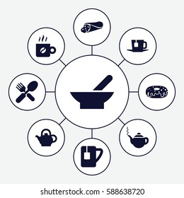Set of 9 breakfast filled icons such as bowl, teapot, wrap sandwich, donut, fork and spoon, tea cup, tea