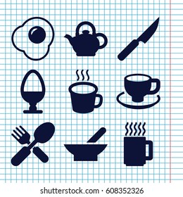 Set of 9 breakfast filled icons such as bowl, coffee cup, fork and spoon, cup, teapot, egg, knife